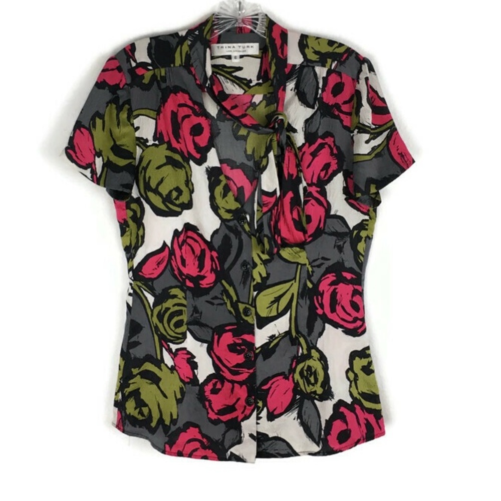 Trina Turk Pink Floral Tie-Neck Short Sleeve Blouse